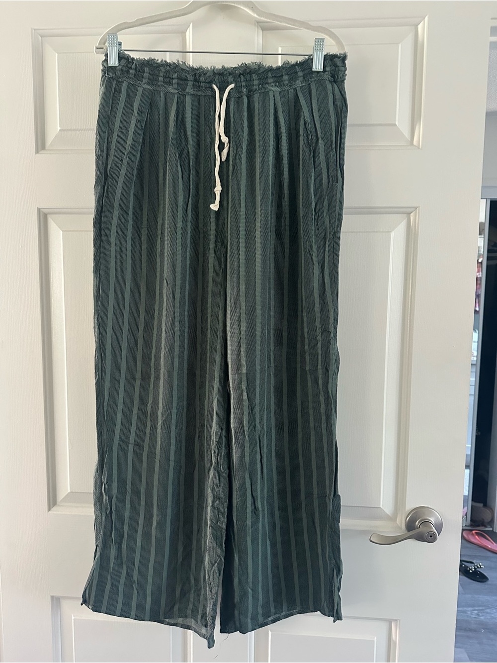 Free People Dark Green Striped Wide-Leg Pants